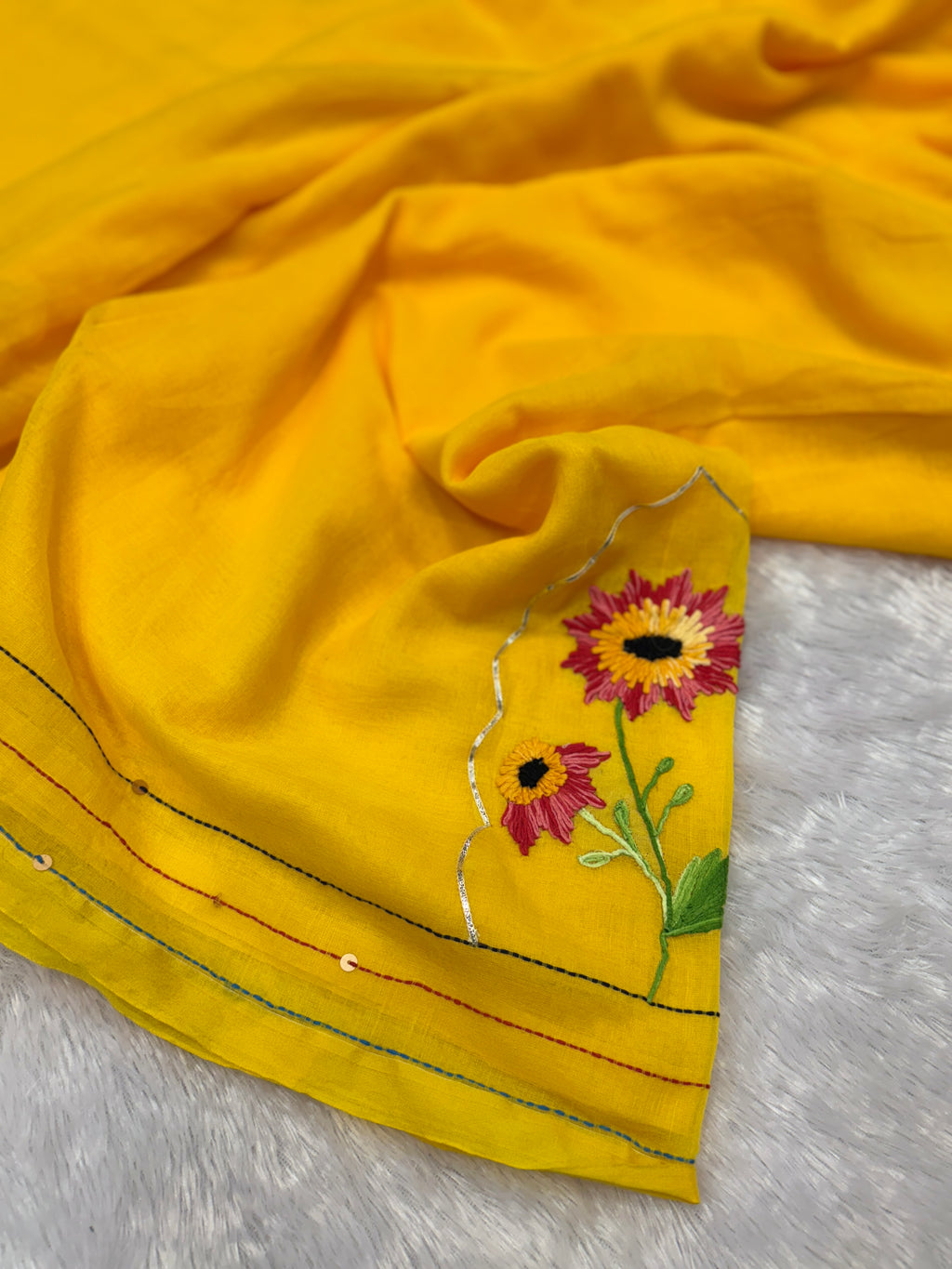 Niddle work flower saree|yellow