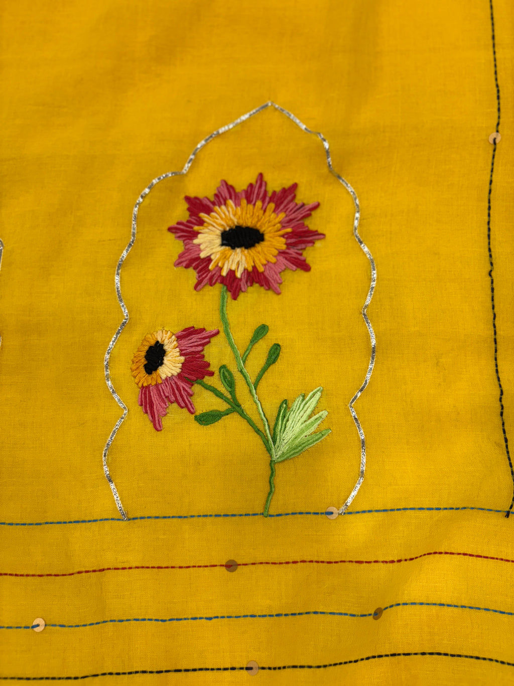 Niddle work flower saree|yellow