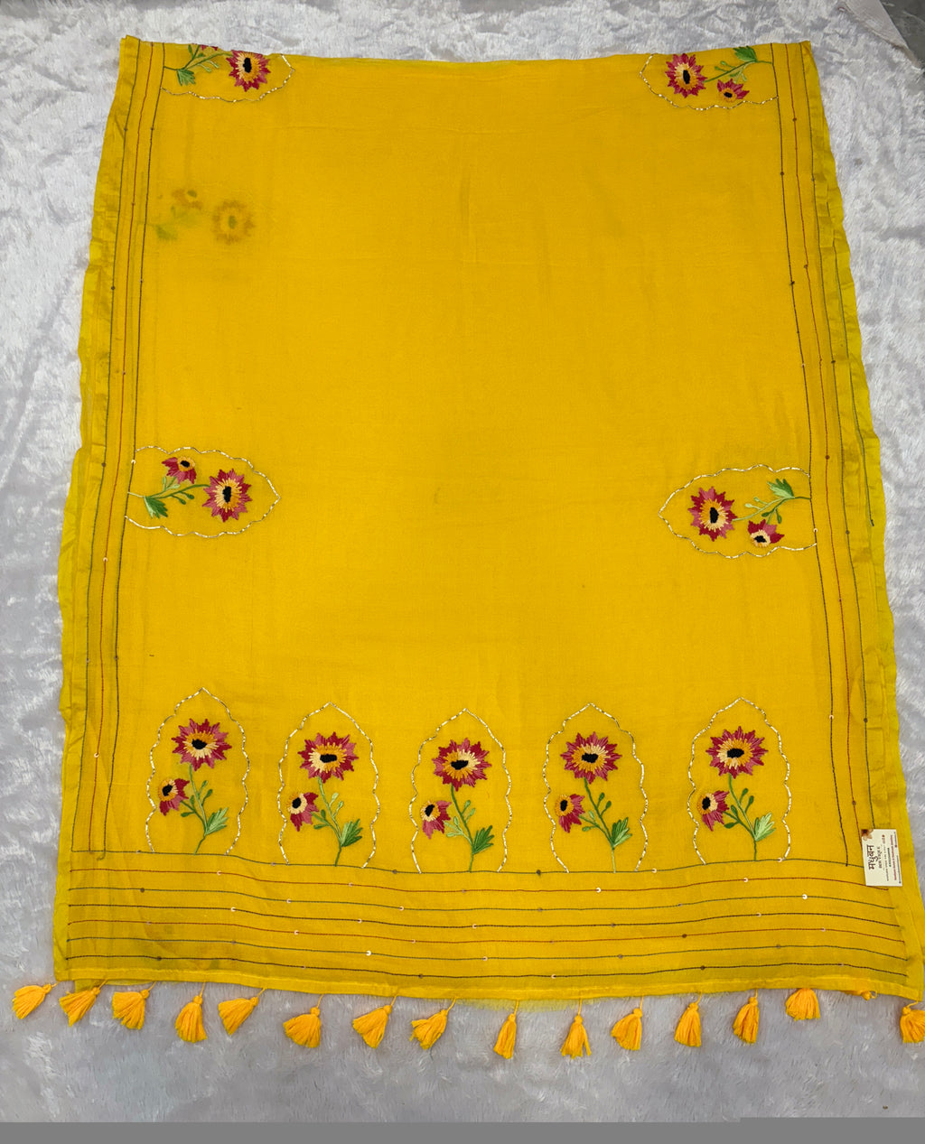 Niddle work flower saree|yellow