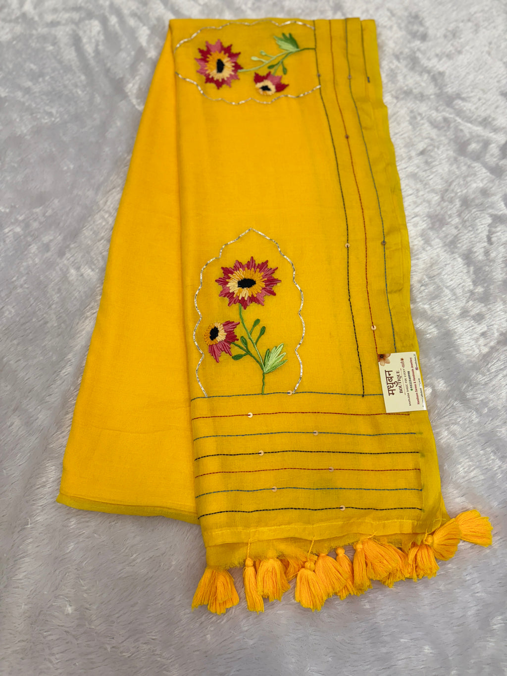 Niddle work flower saree|yellow