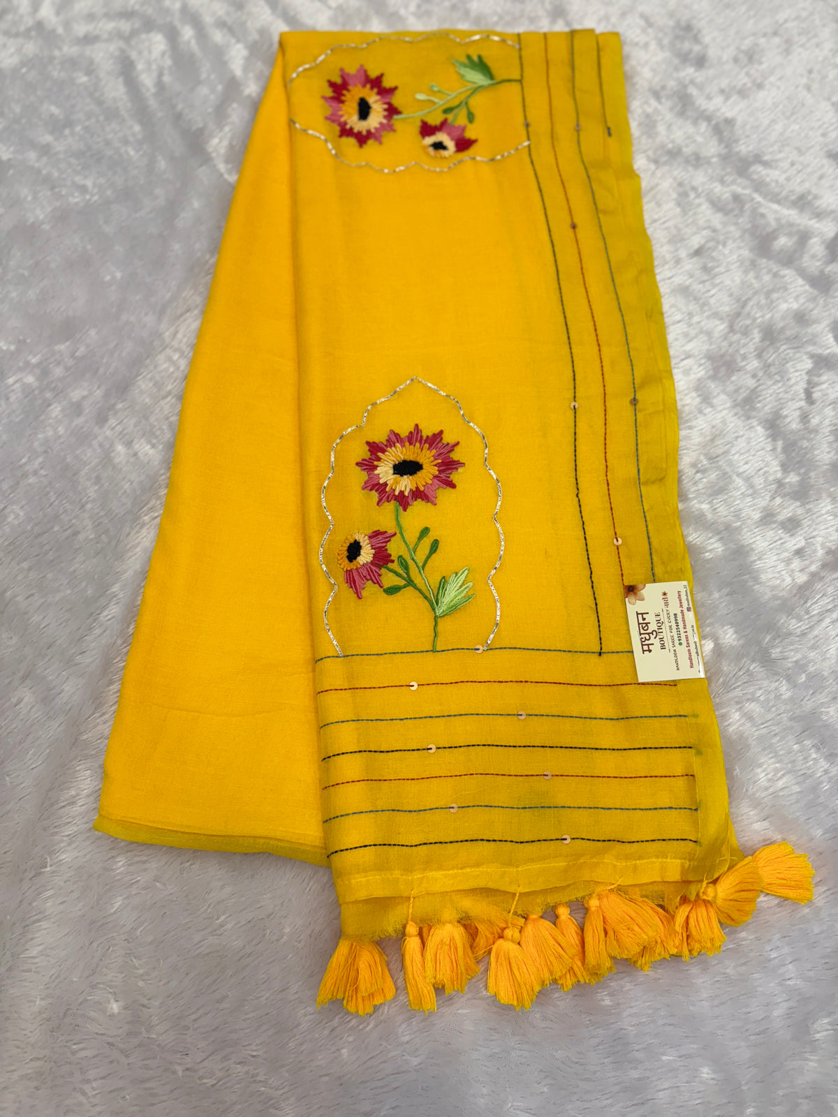Niddle work flower saree|yellow