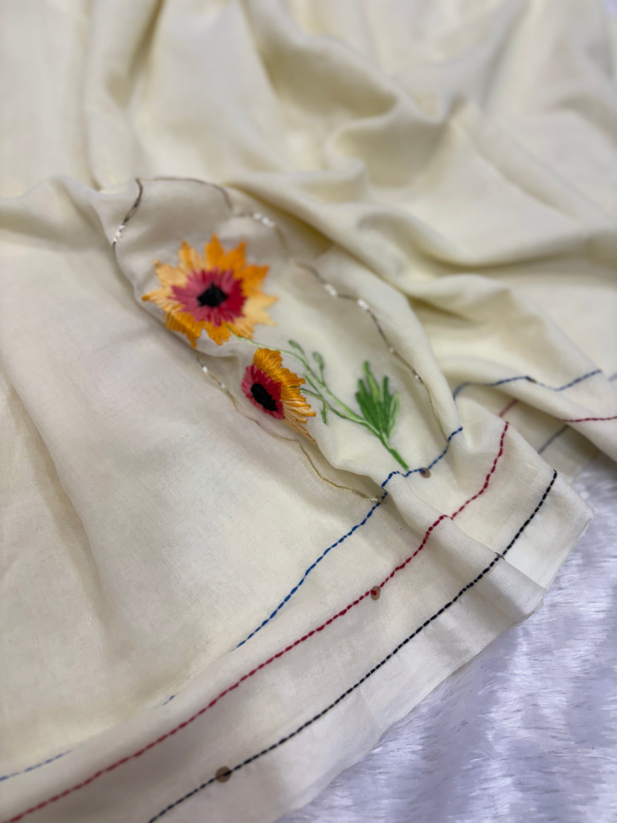 Niddle work flower saree|offwhite