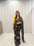 Midnight Bloom Handpainted Black Saree