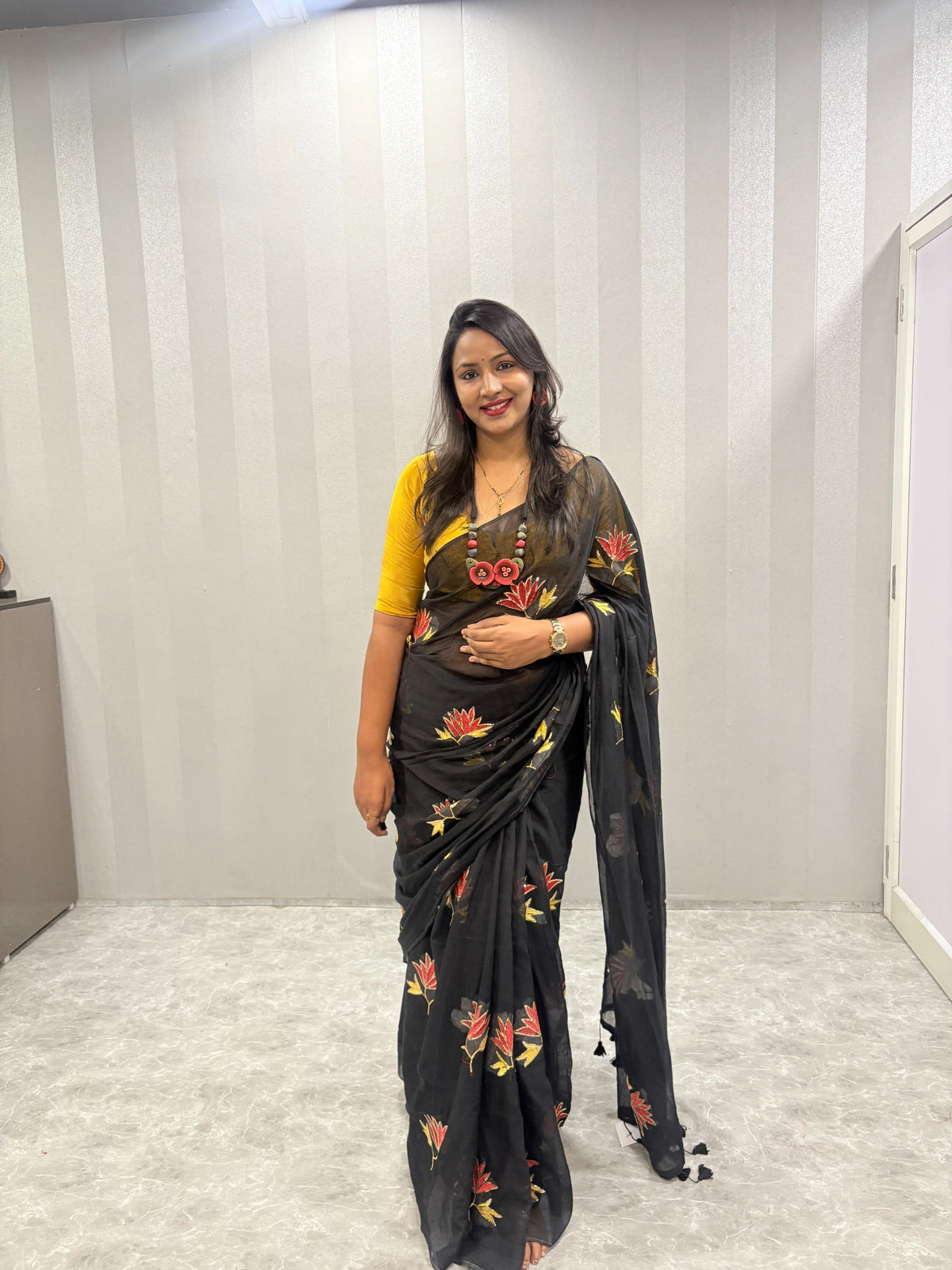Midnight Bloom Handpainted Black Saree
