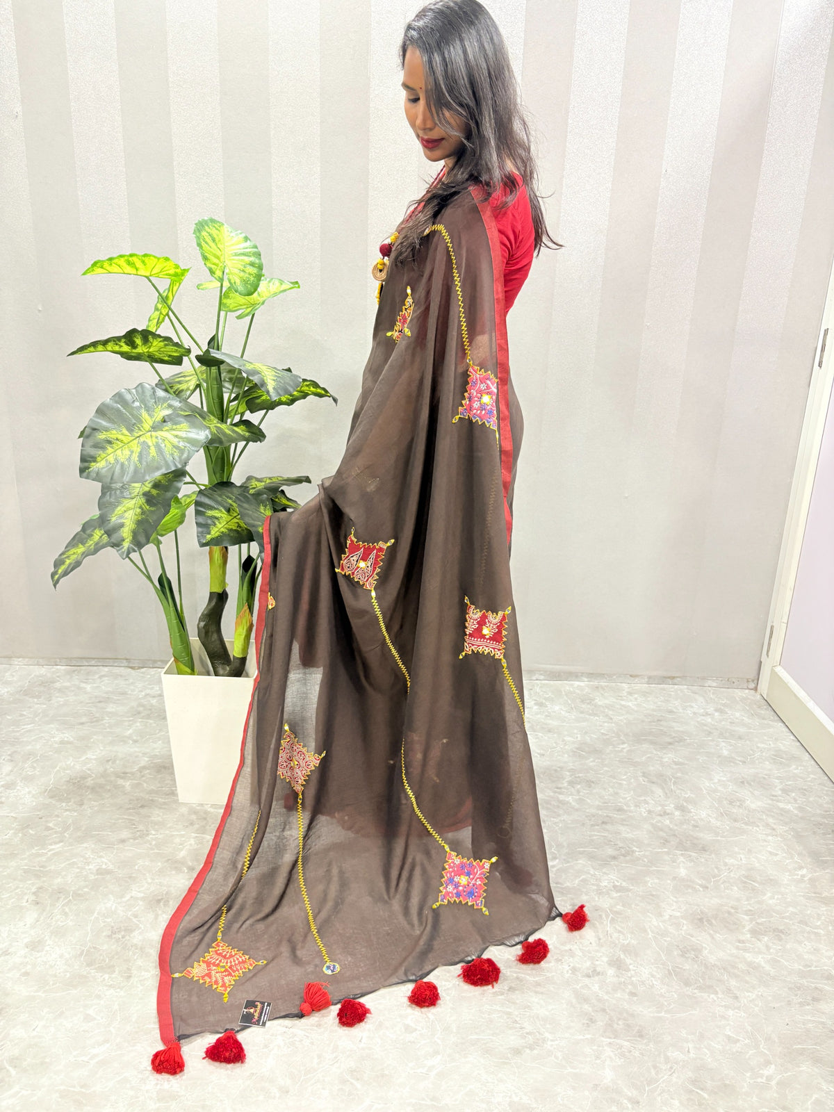 Rust Noir Embroidered Saree with Tassel Border