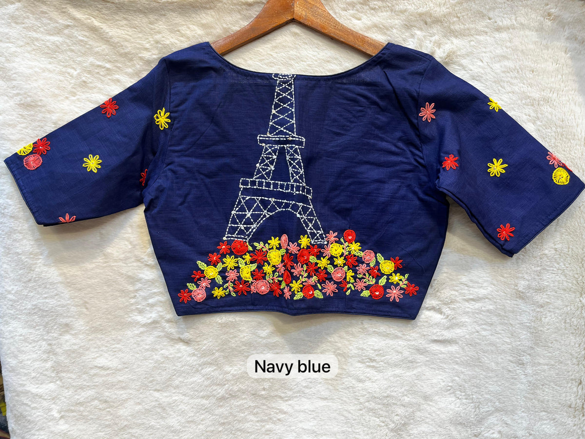 Paris Bloom Navy Blue Designer Blouse